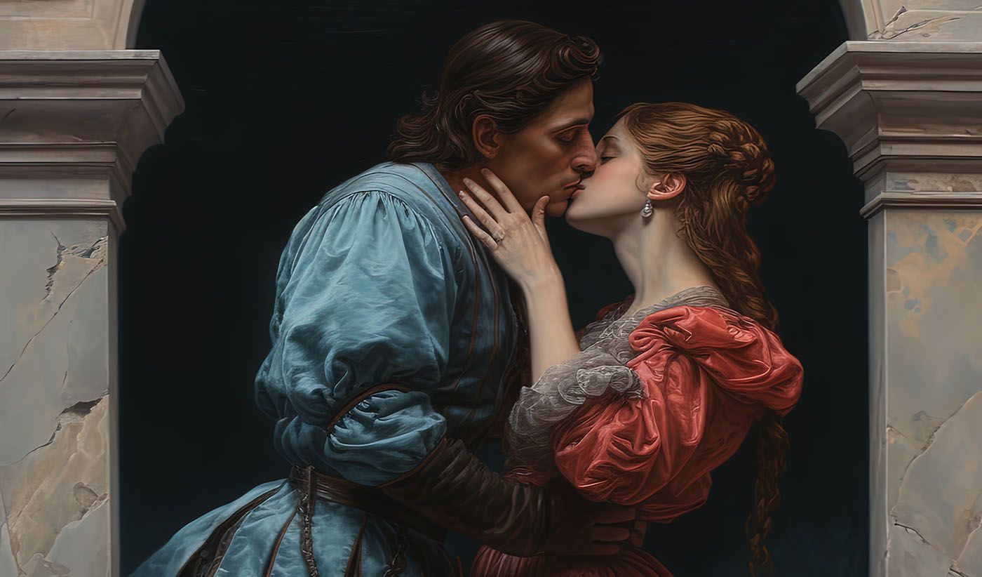 coppia in costume d'epoca che rappresenta Romeo e Giulietta nell'atto di biaciarsi