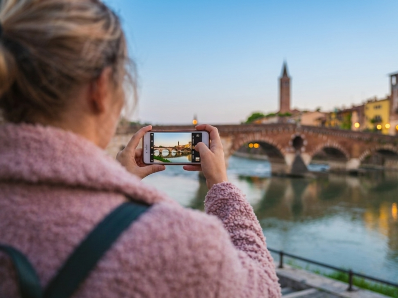 Donna di spalle fotografa con lo smartphone il Ponte Pietra di Verona al tramonto, con il fiume Adige in primo piano e il campanile sullo sfondo.