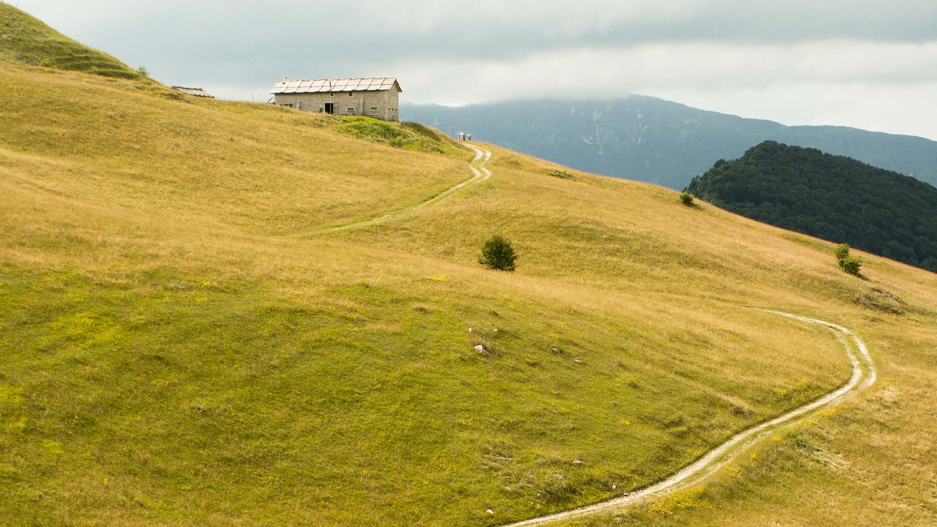 Rifugio in pietra sull’altopiano della Lessinia, circondato da prati dorati e raggiunto da un sentiero sterrato, con montagne sullo sfondo